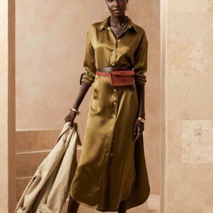 100% Silk Shirtdress - midi length, green/gold color, size SMALL